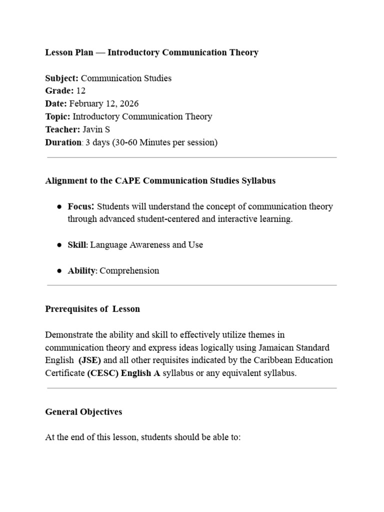 CAPE Communication Studies Lesson Plan - Introduction To Communication ...