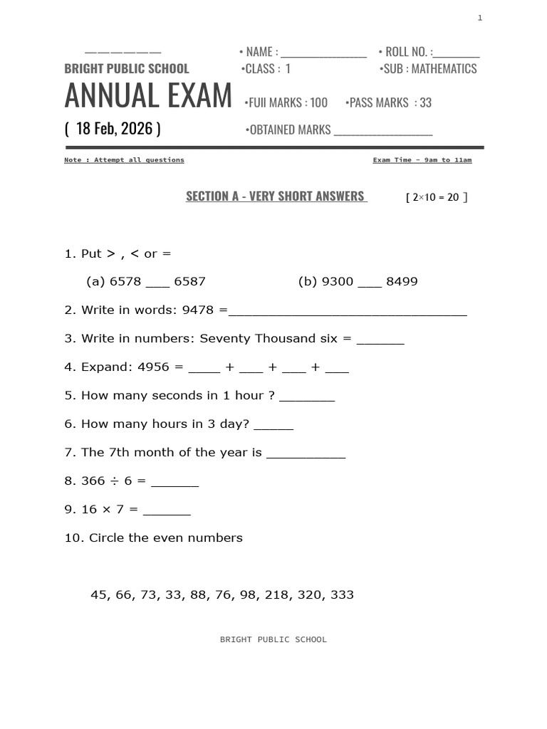 Maths Class 1 Exam | PDF | Tests | Qualifications