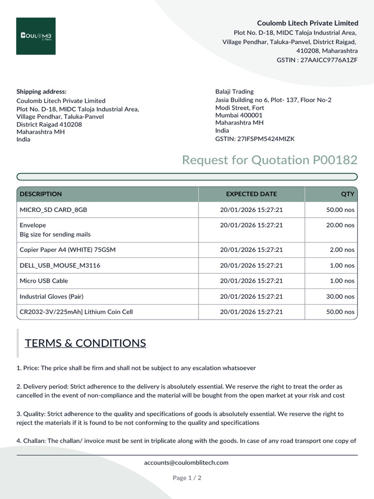 Request for Quotation - P00182 (1) (1) | PDF