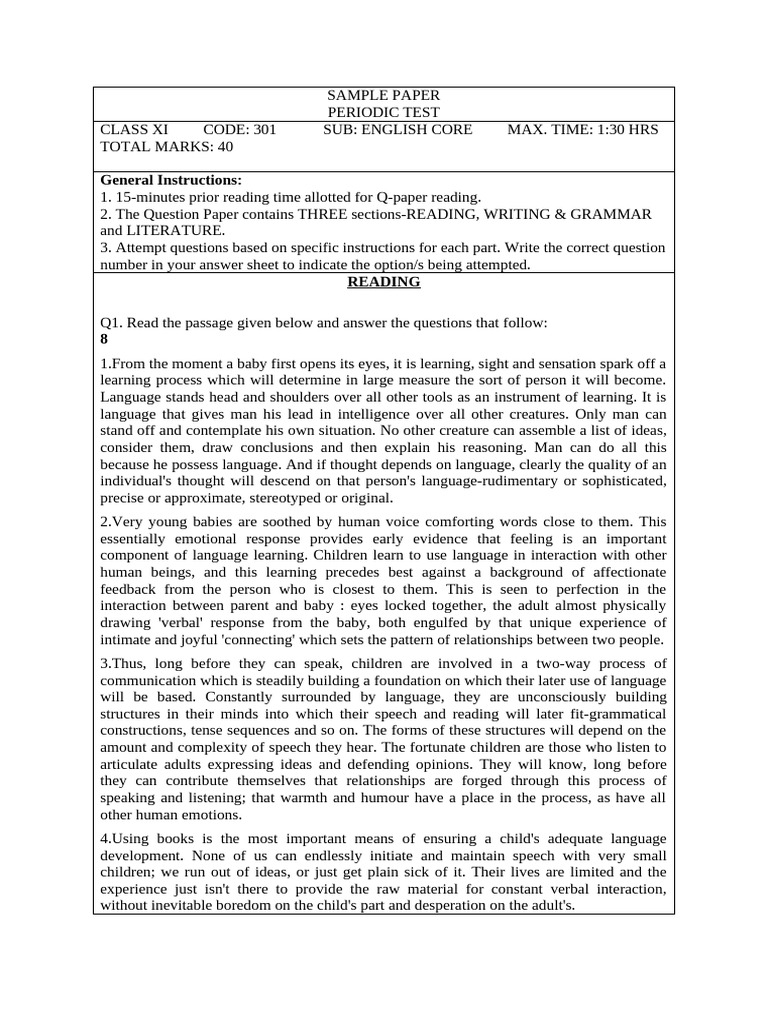PT 1 Sample Paper 2, Class XI | PDF | Experience | Speech