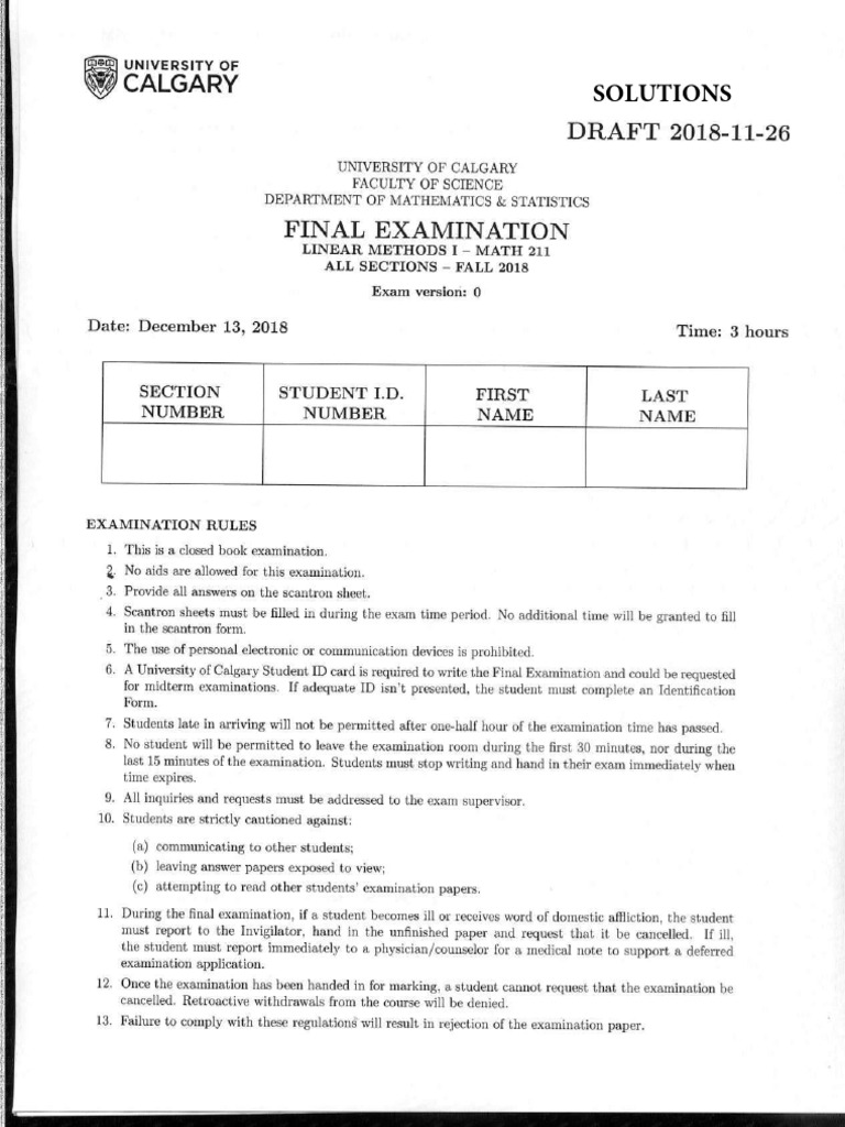 U Calgary MATH 211 Final Fall 2018 Solutions | PDF