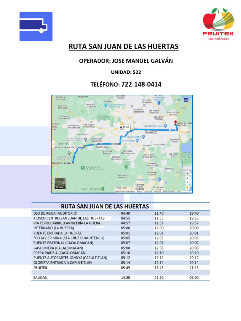 Mapa Ruta San Juan de Las Huertas Paradas y Horarios Actualizado Mayo22 ...