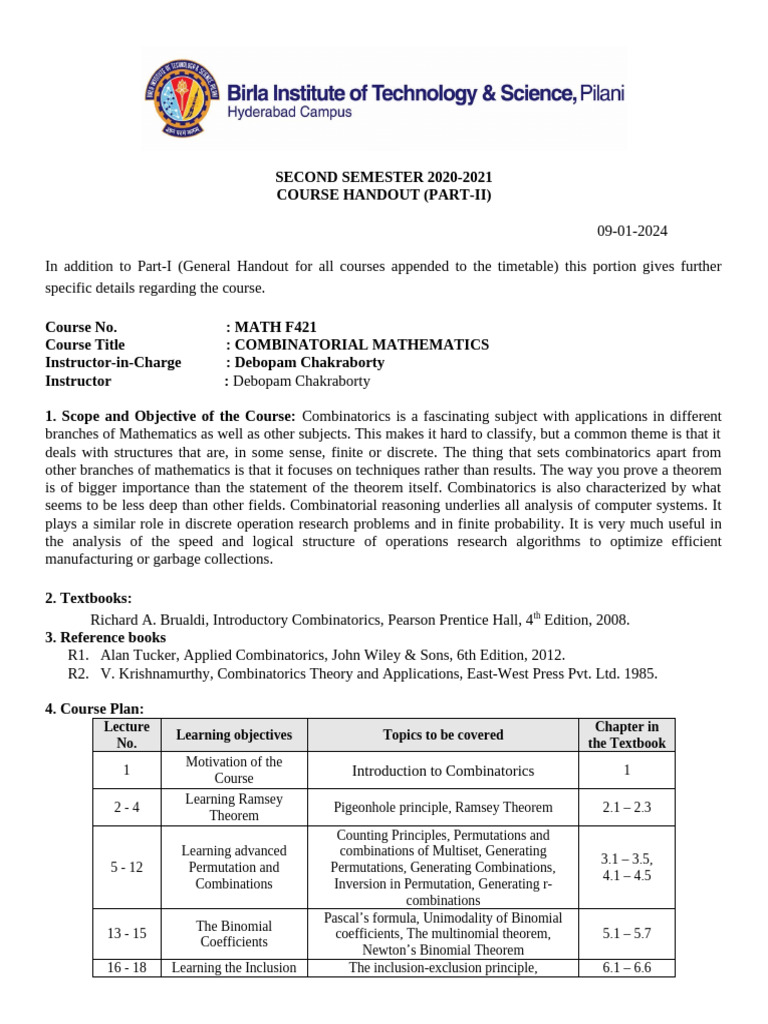 Math f421 Combinational Math | PDF | Combinatorics | Discrete Mathematics