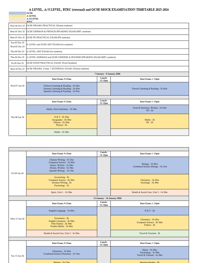 Mock Exam Timetable 2025-2026 | PDF | Educational Assessment And ...
