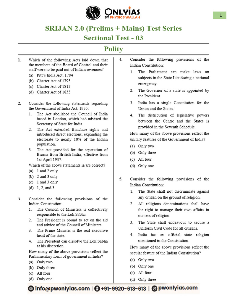 Prelims Sectional GS Test 03 - Question Paper | PDF | Veto | Government