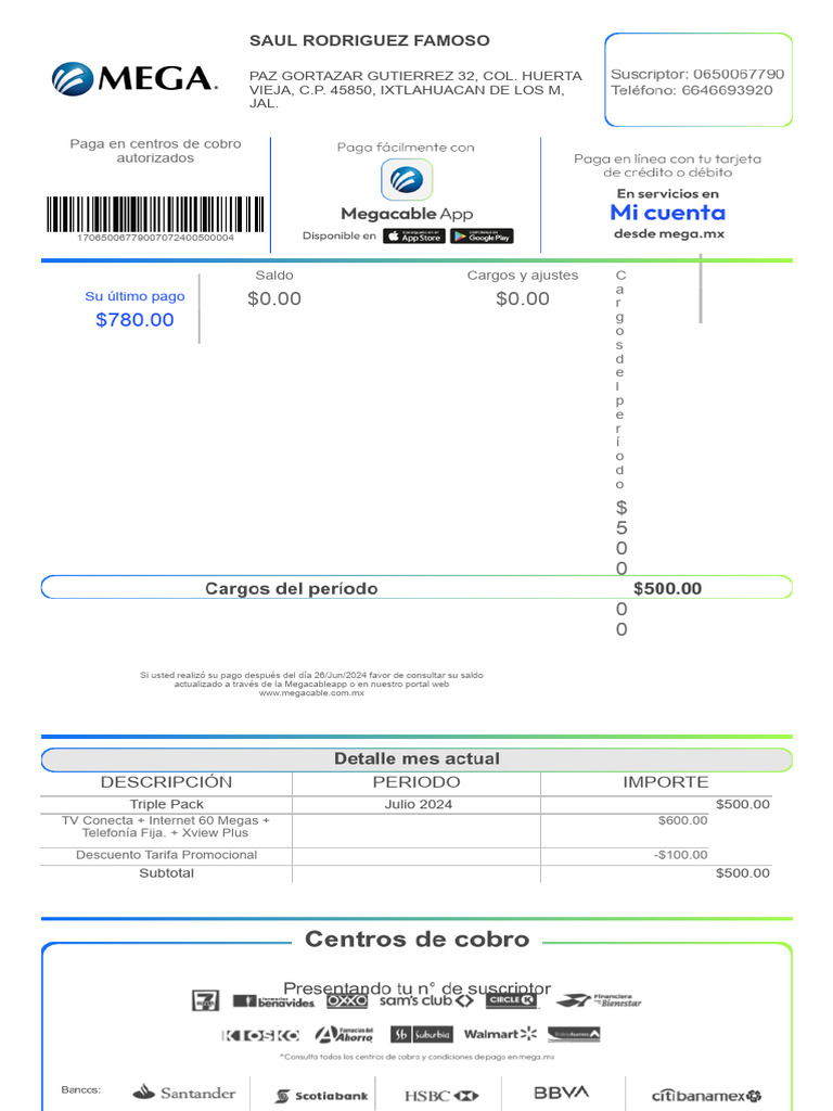 753240055 Recibo Megacable.docx | PDF | Televisión por cable