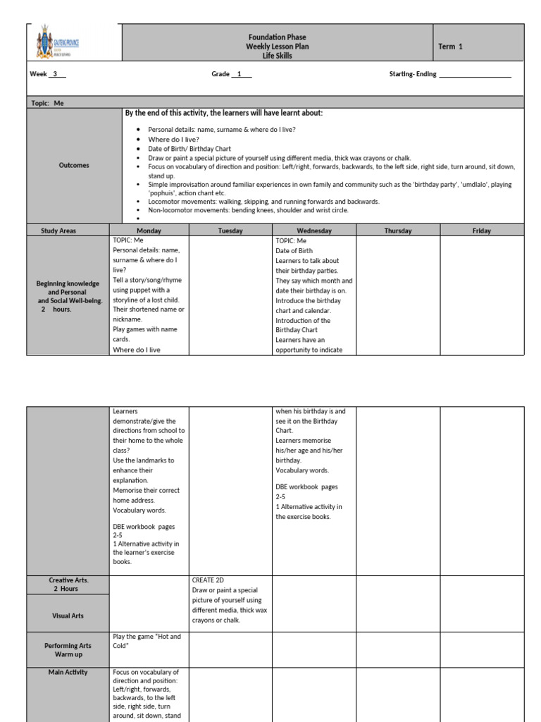 Life Skills Lesson Plans Grade 1 Week 3 | PDF | Learning