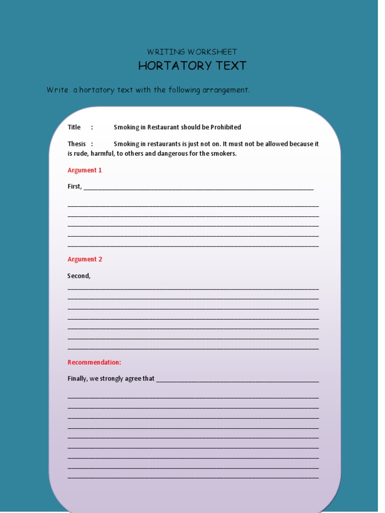 Hortatory Text Writing Worksheet | PDF