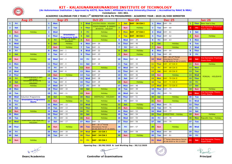 3.academic Calendar - 2025-26 - Odd - I YEAR (UG & PG) | PDF | Schools ...