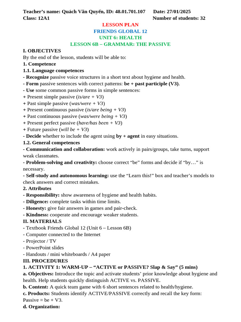Lesson Plan Unit6 Lesson6B Passive Voice | PDF | Reading Comprehension ...