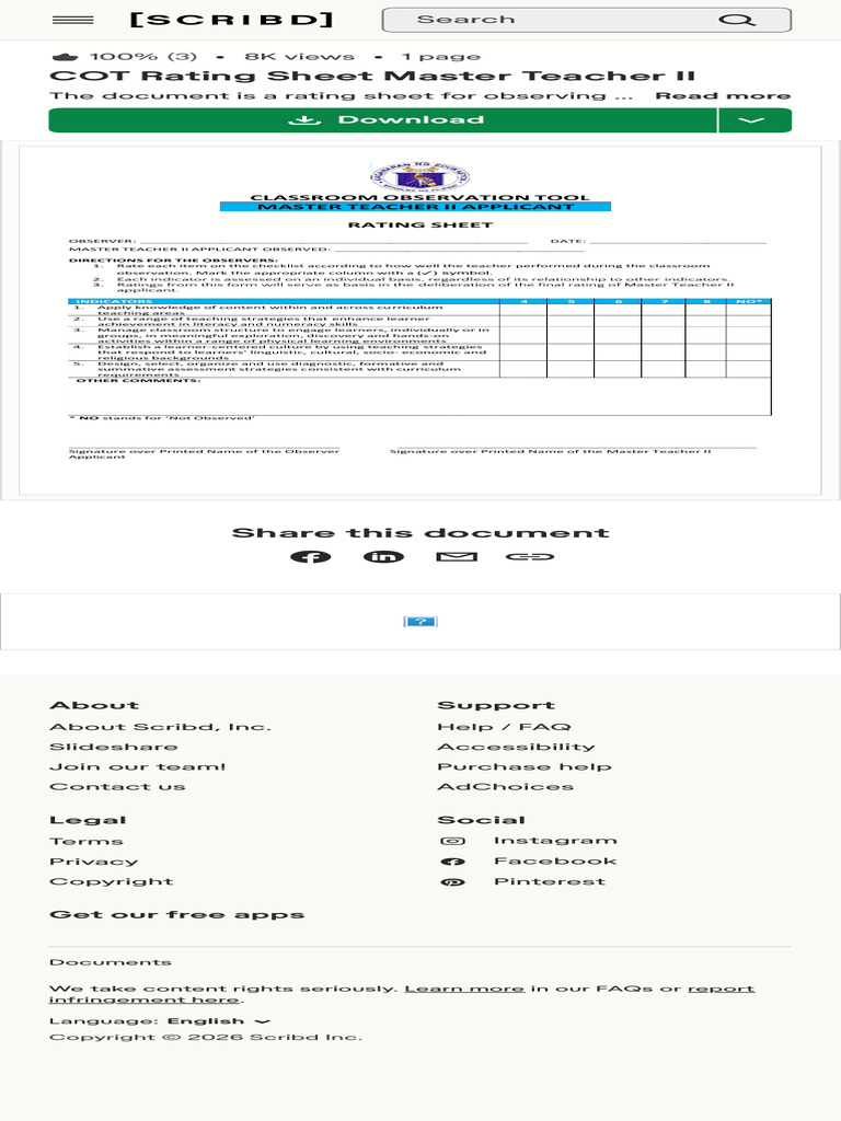 COT Rating Sheet Master Teacher II PDF | PDF | Learning | Educational ...