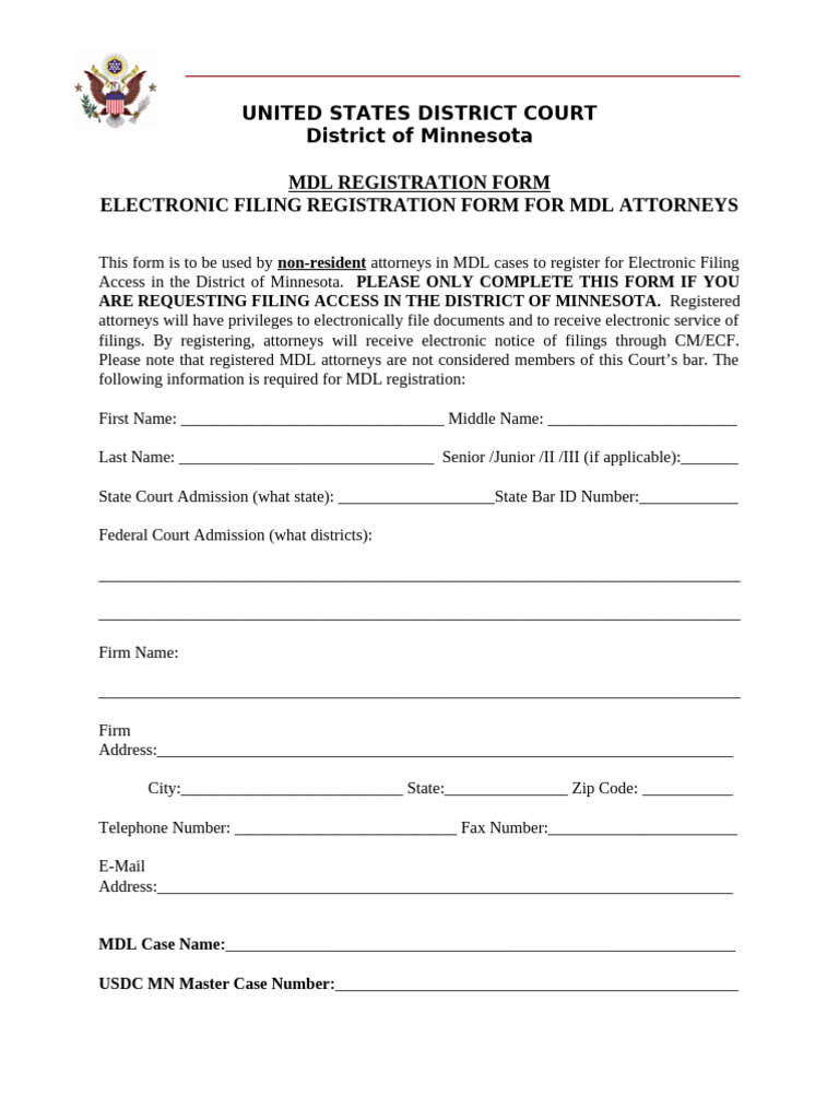MDL Registration Form | PDF | United States District Court