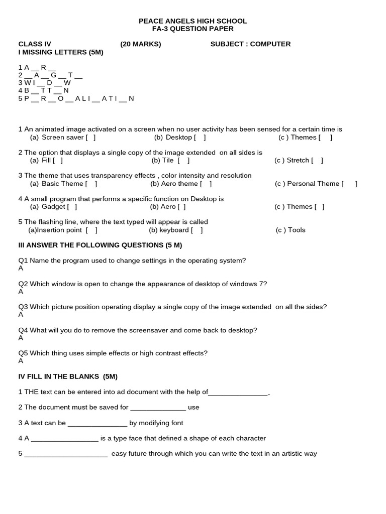 4 Class Fa-3 Computer Question Paper[1] | PDF