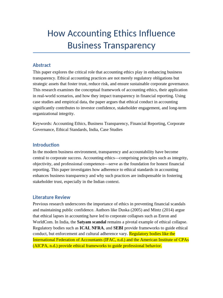 Accounting Ethics Transparency APA | PDF | Accounting | Corporate ...