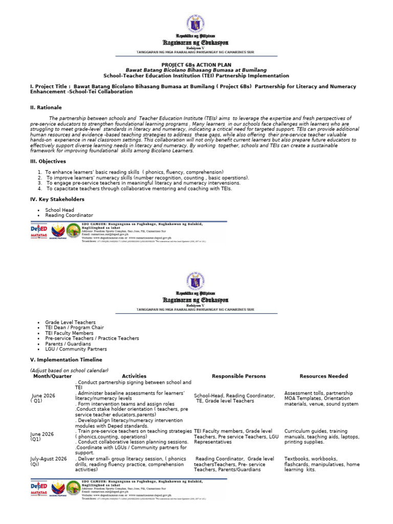 Bicalen ES Project 6Bs Action Plan 2026 | PDF | Literacy | Mentorship