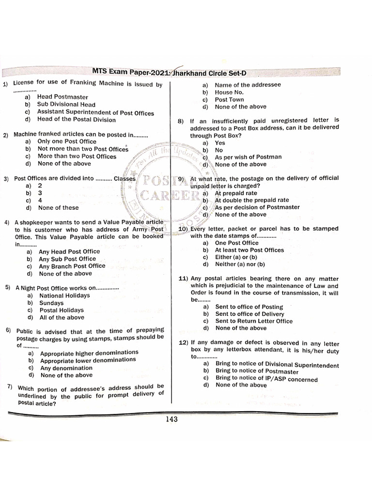 Jharkhand - 2021 MTS | PDF | Mail | Postage Stamp