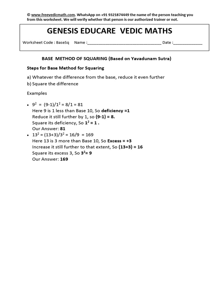 Vedic Math Worksheet 12 - Base Method of Squaring | PDF