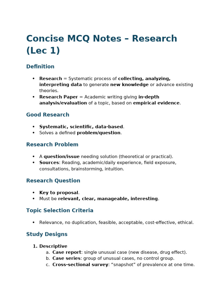 Research Concise Notes and Mcqs | PDF | Leadership | Cohort Study