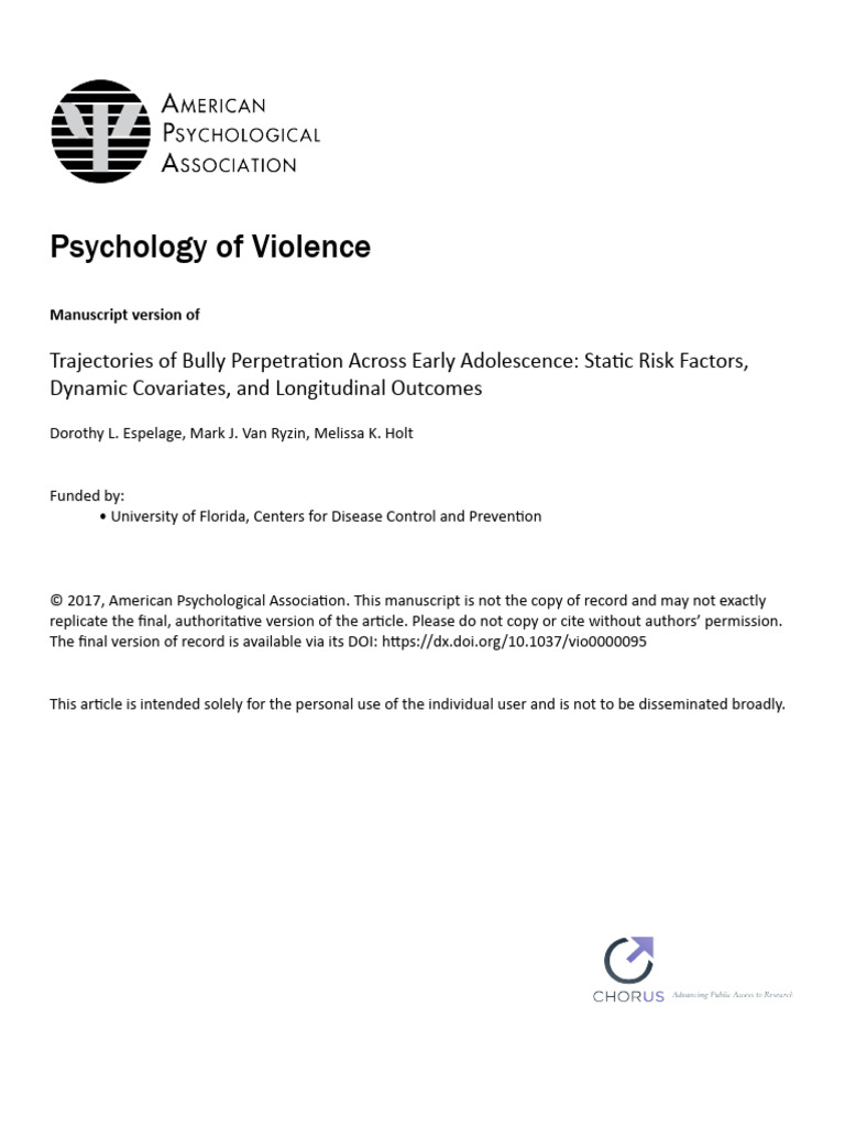 Trajectories of Bully Perpetration Across Early Adolescence Static Risk ...