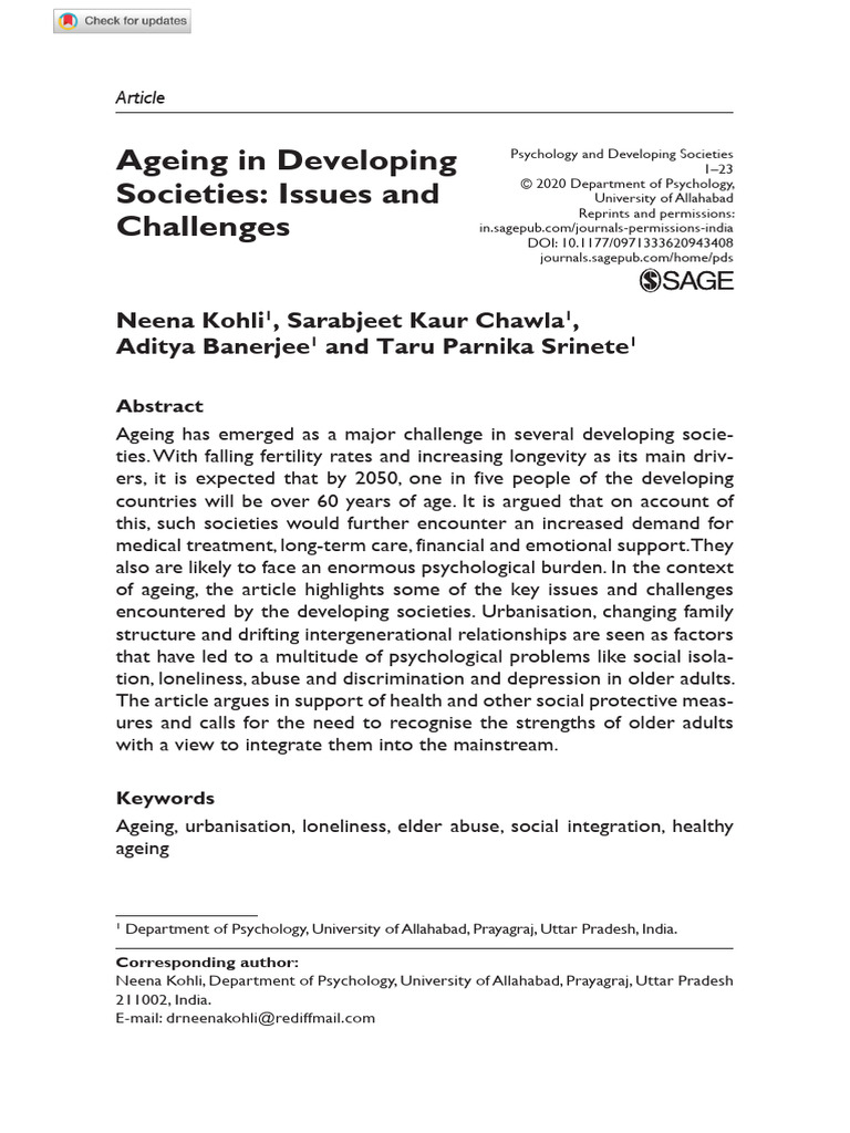 Aging in Developing Societies Neena Et Al 2020 | PDF | Ageing | Loneliness