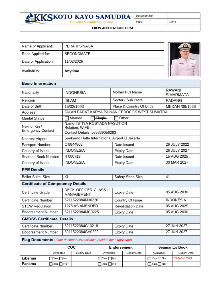 Crew Application Form PERARI SINAGA | PDF | Water Transport | Shipping