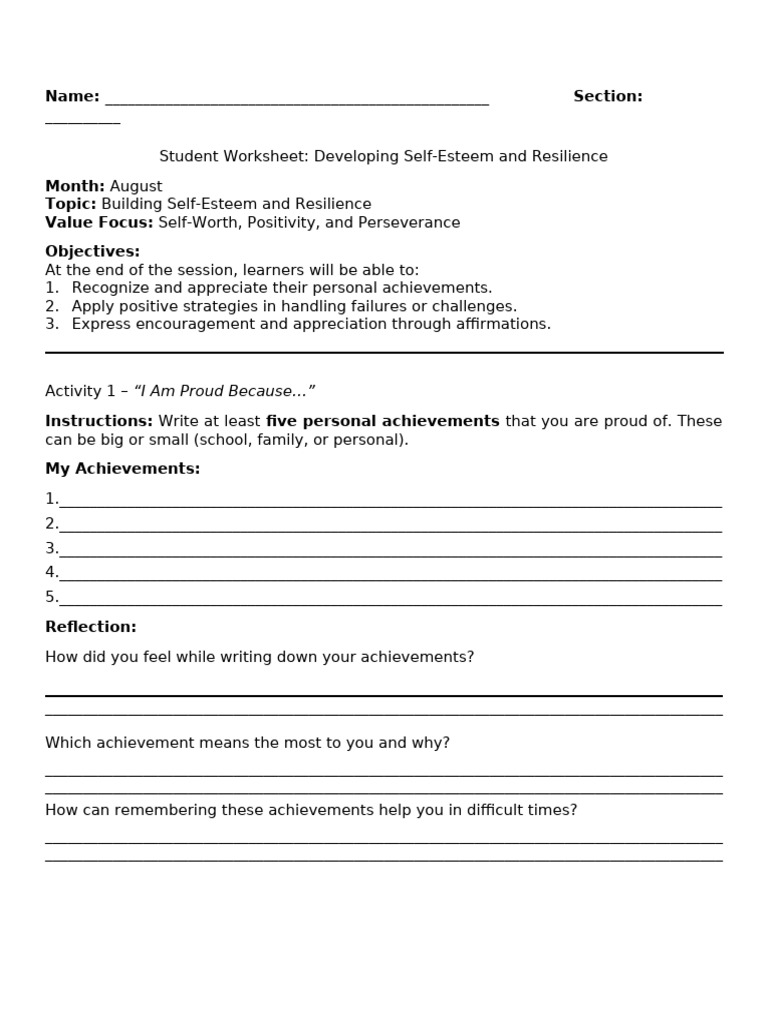 HGP Activity August Developing Self Esteem Resilience | PDF | Self ...