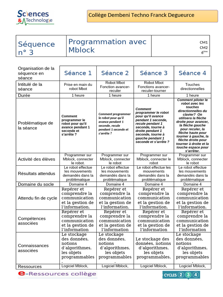 Fiche Séquence 3 Programmation Avec Mblock | PDF | Informatique ...