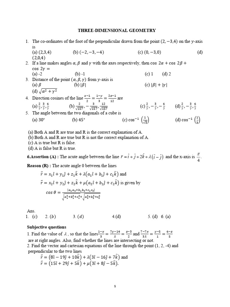 XII Three Dimensional Geometry Assignment Faips (1) | PDF ...