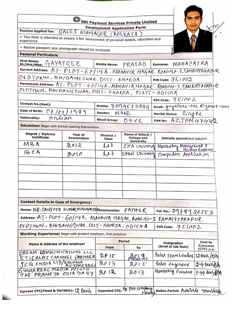 SBI Application Form | PDF