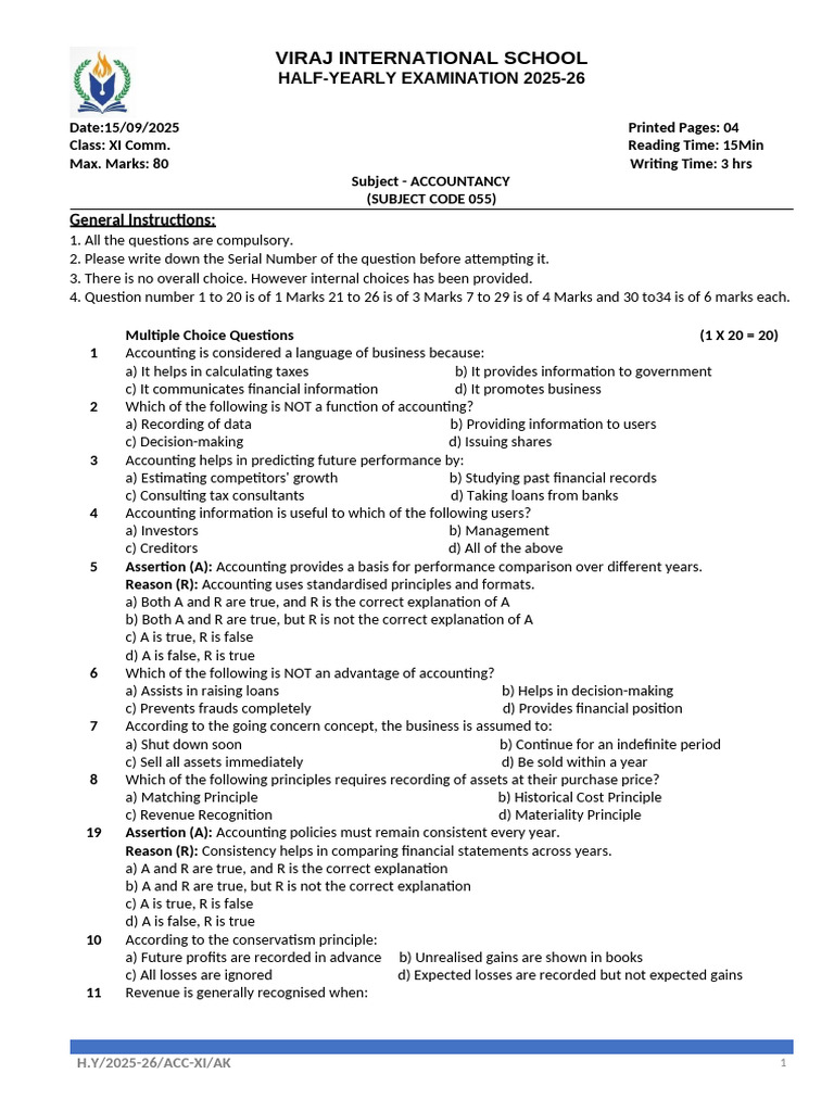 ACC Class XI Paper HY 2025-26 | PDF | Debits And Credits | Financial ...
