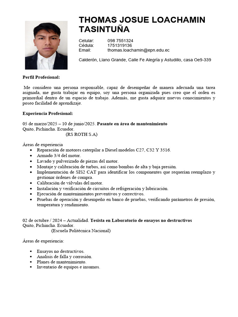 CV Thomas Loachamin | PDF | Procesos industriales | Ingeniería mecánica