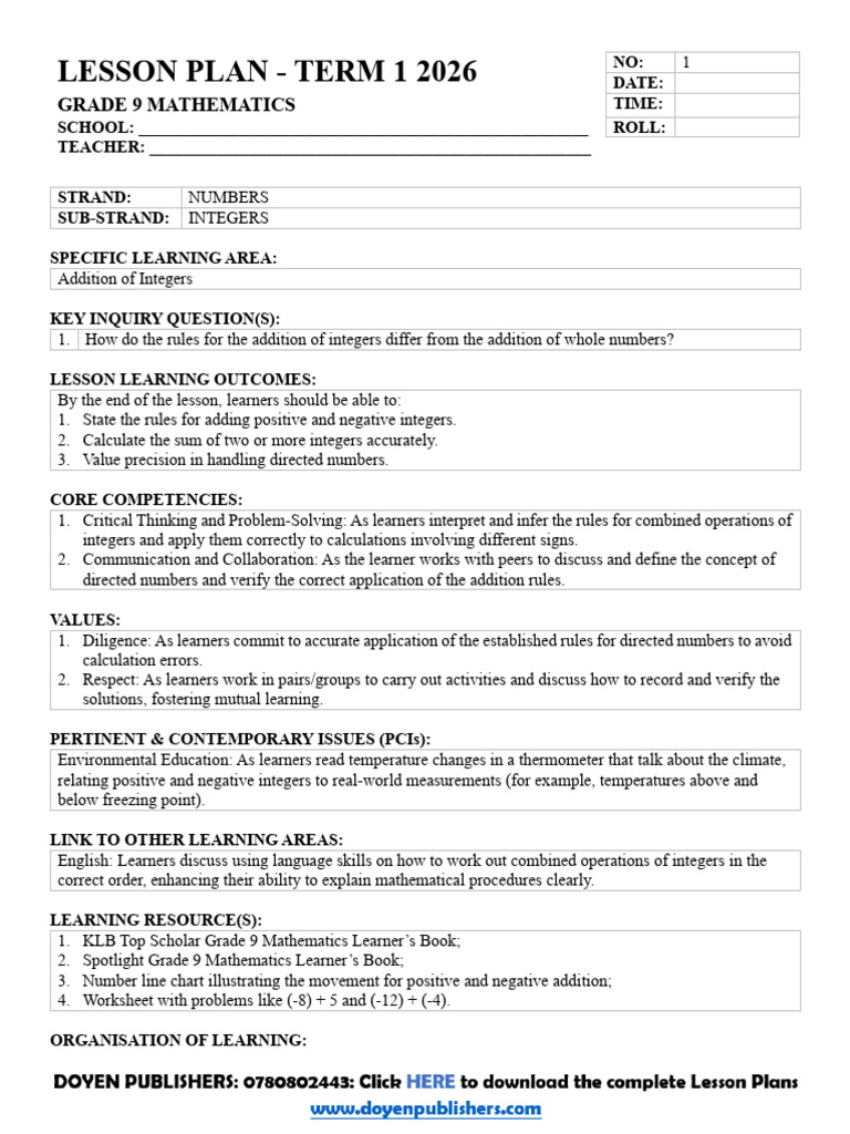 Grade 9 Mathematics Term 1 2026 Lesson Plans | PDF | Multiplication ...