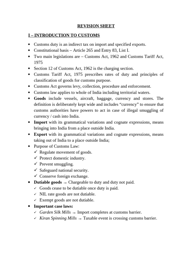 Customs Law Revision Sheet | PDF | Territorial Waters | Customs