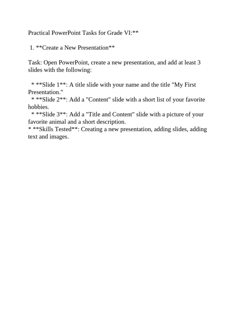 Practical PowerPoint Tasks For Grade VI Original | PDF