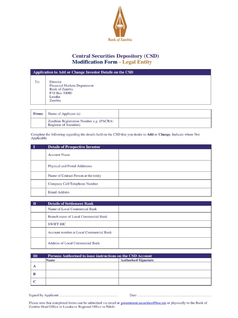 BoZ CSD Modification Form Legal Entity | PDF