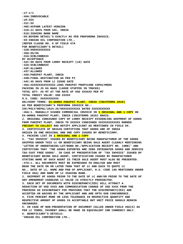 LC Draft Format | PDF | Receipt | Business
