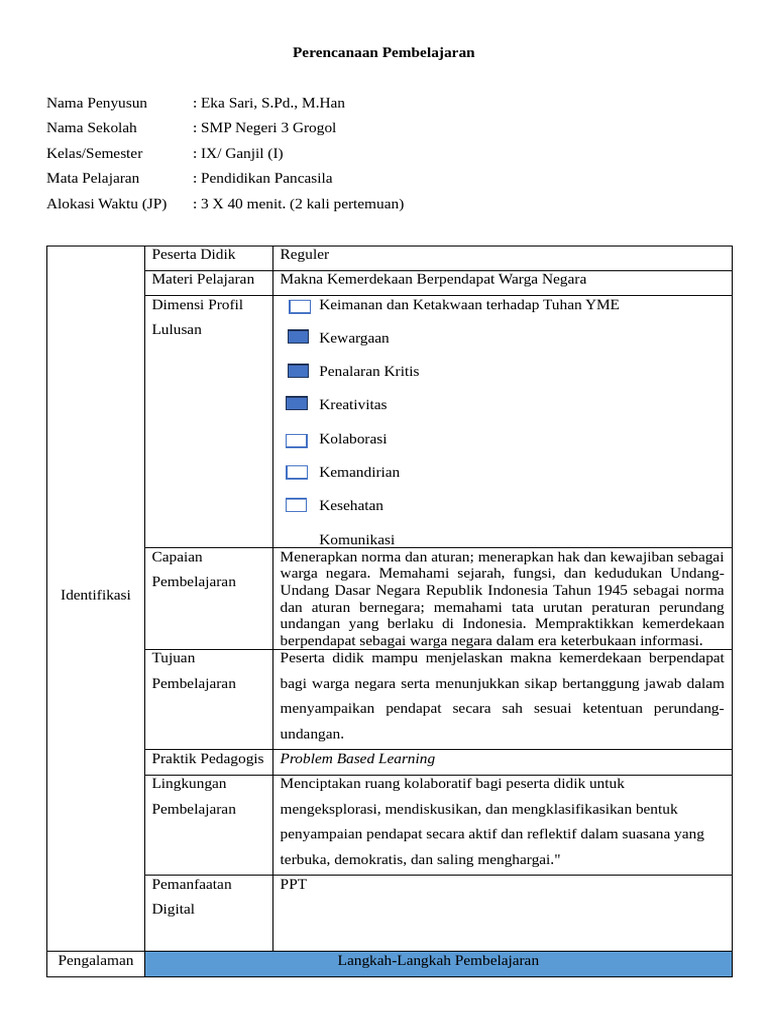 Contoh RPP Deep Learning Problem Based Learning | PDF
