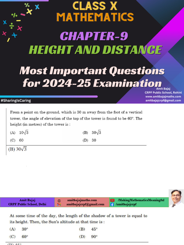 Class X HEIGHT and DISTANCE Important Questions For 2024-25 Examination ...