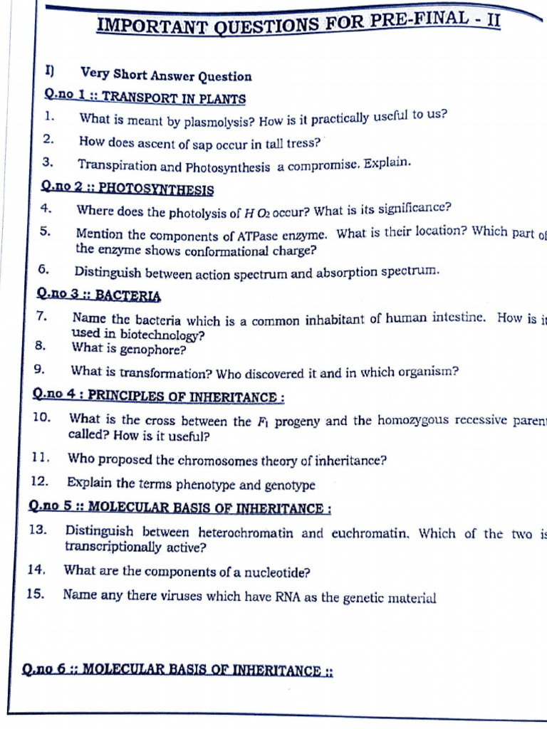 Botany SR Bipc IMPORTANT Questions | PDF