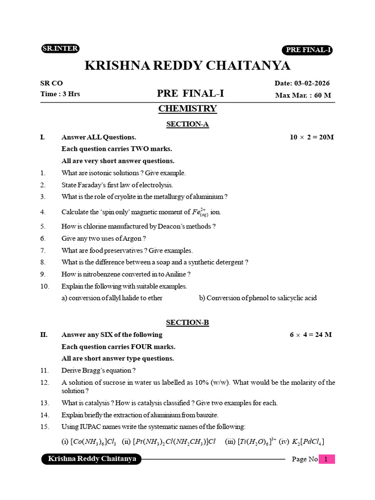 SR Co Prefinal-I-Che (03!02!2026) | PDF | Chemistry | Chemical Substances