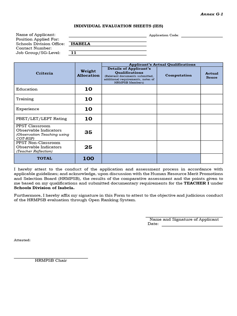 Annex G 1 IES Teacher I | PDF