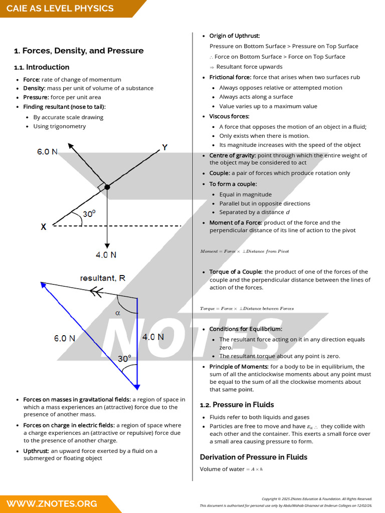 CAIE - AS Level - Physics - Forces, Density, and Pressure | PDF | Force ...