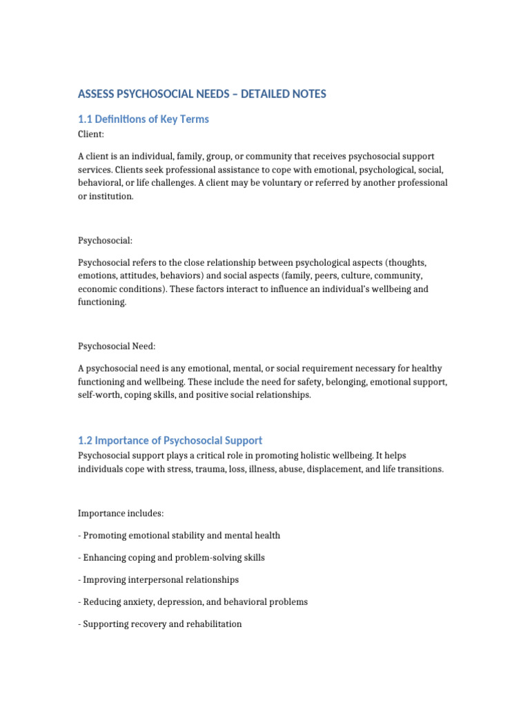 Assess Psychosocial Needs Detailed Notes | PDF | Psychosocial | Well Being