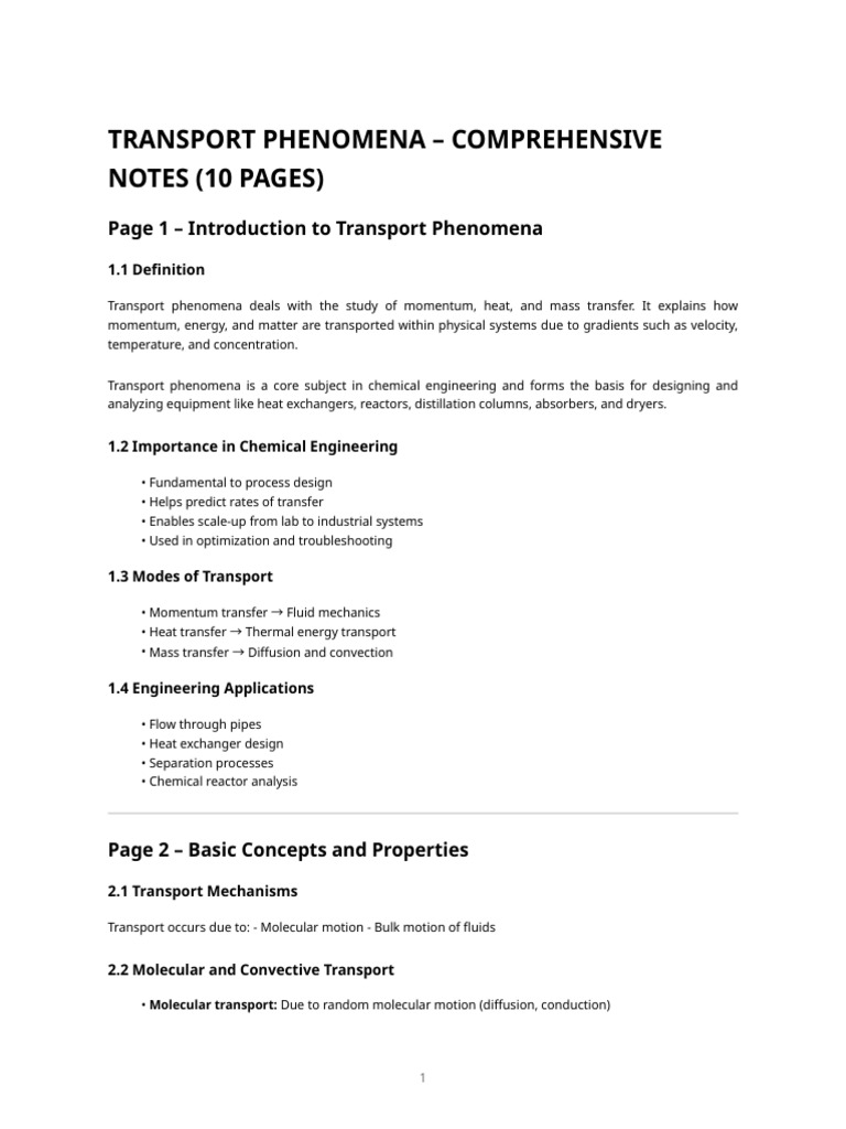 Transport Phenomena - Comprehensive Notes (10 Pages) | PDF | Transport ...