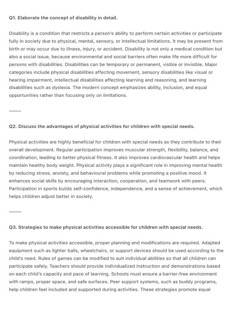 Q1. Elaborate the Concept of Disability in Detail. | PDF | Paralympic ...