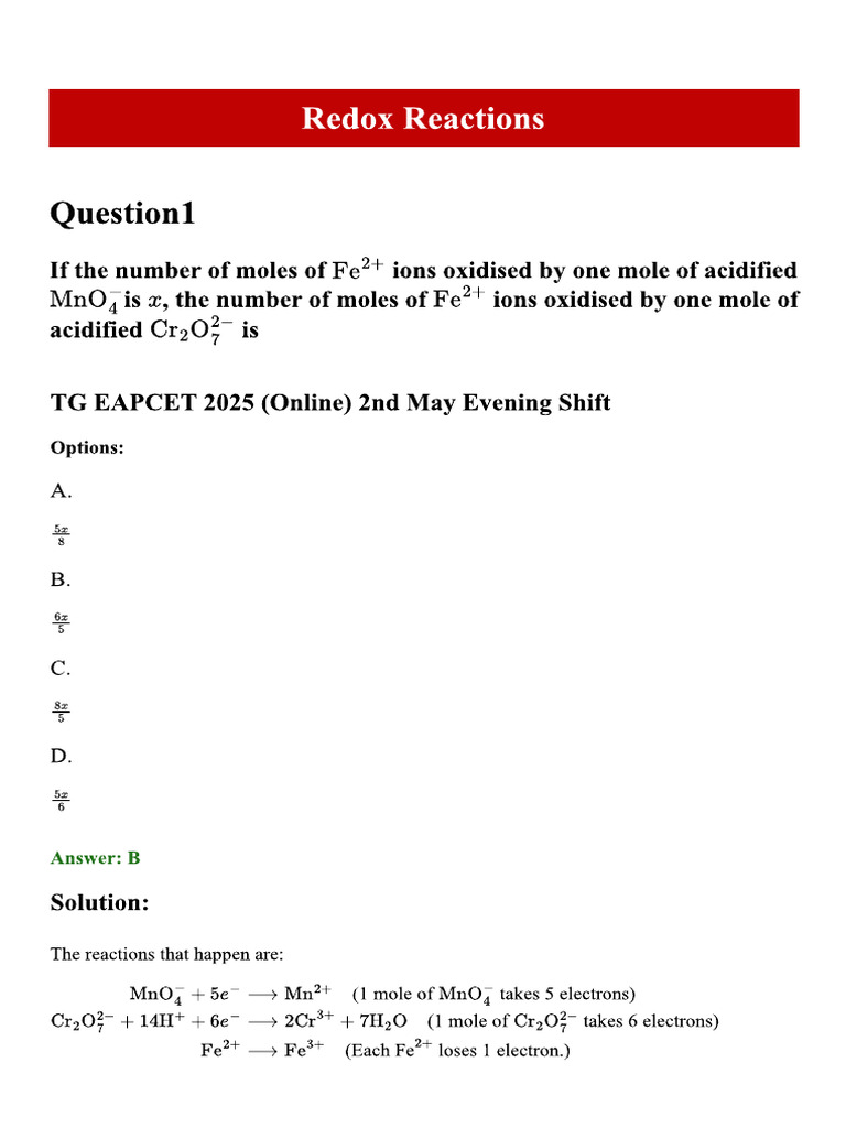 Redox Reactions TS EAMCET Previous Year Questions PDF | PDF