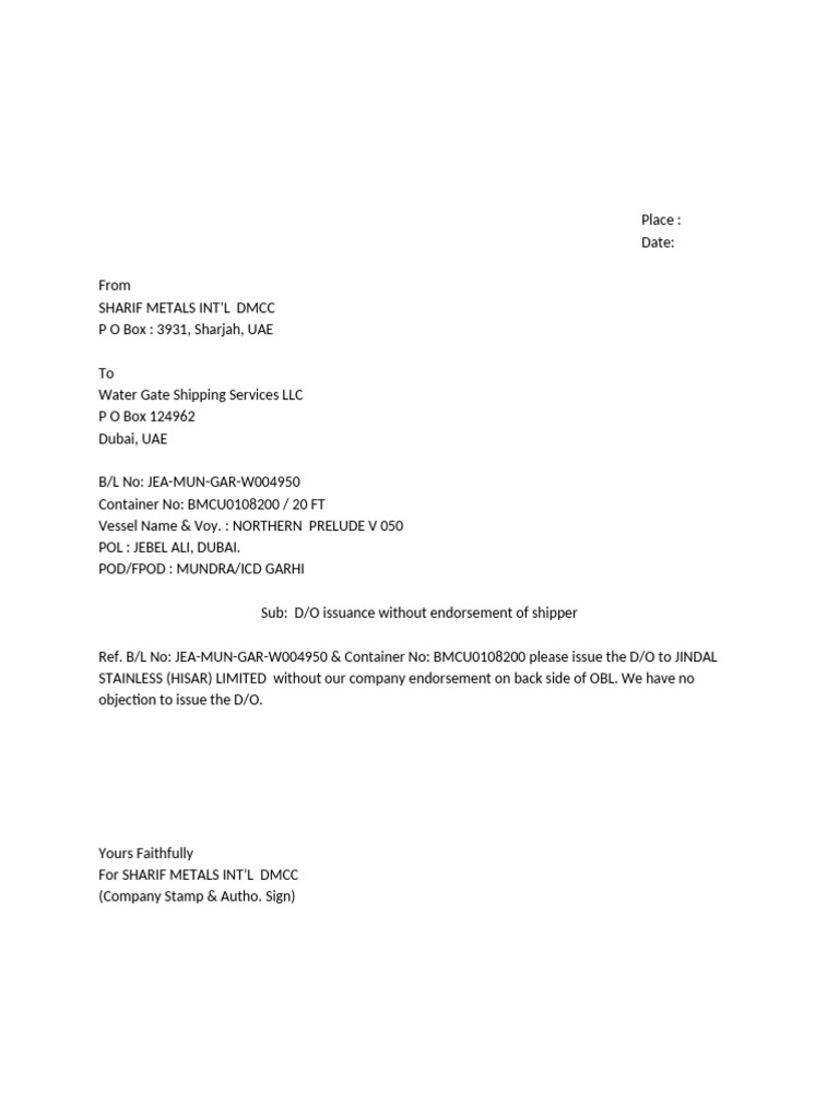 Shipper Letter For Non Endorsement of OBL | PDF