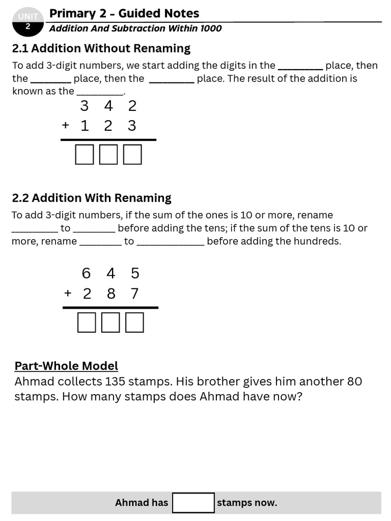 Primary 2 Math Unit 2 Guided Notes | PDF