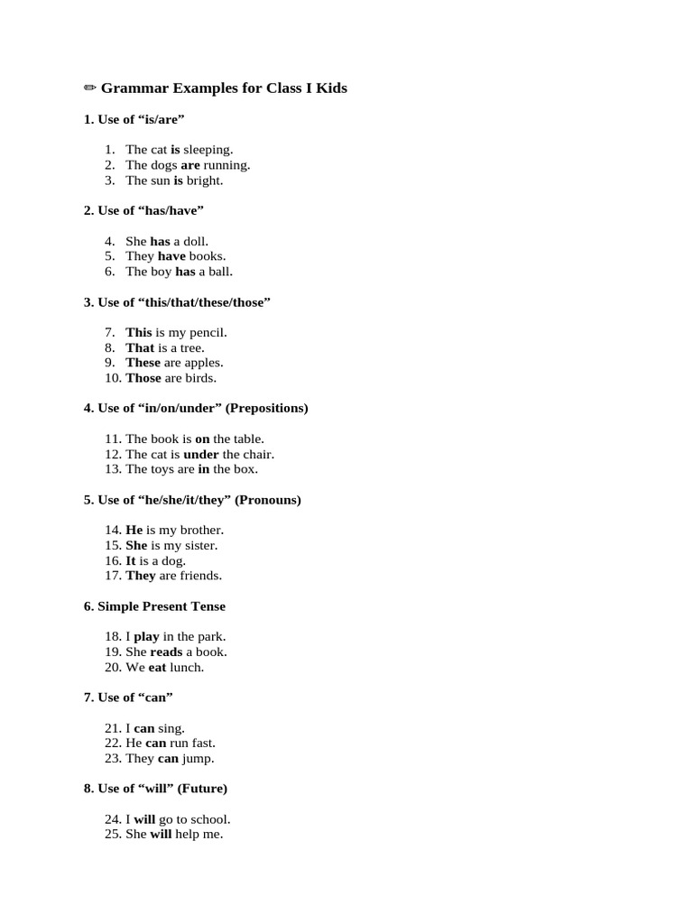 Grammar Examples For Class I Kids | PDF