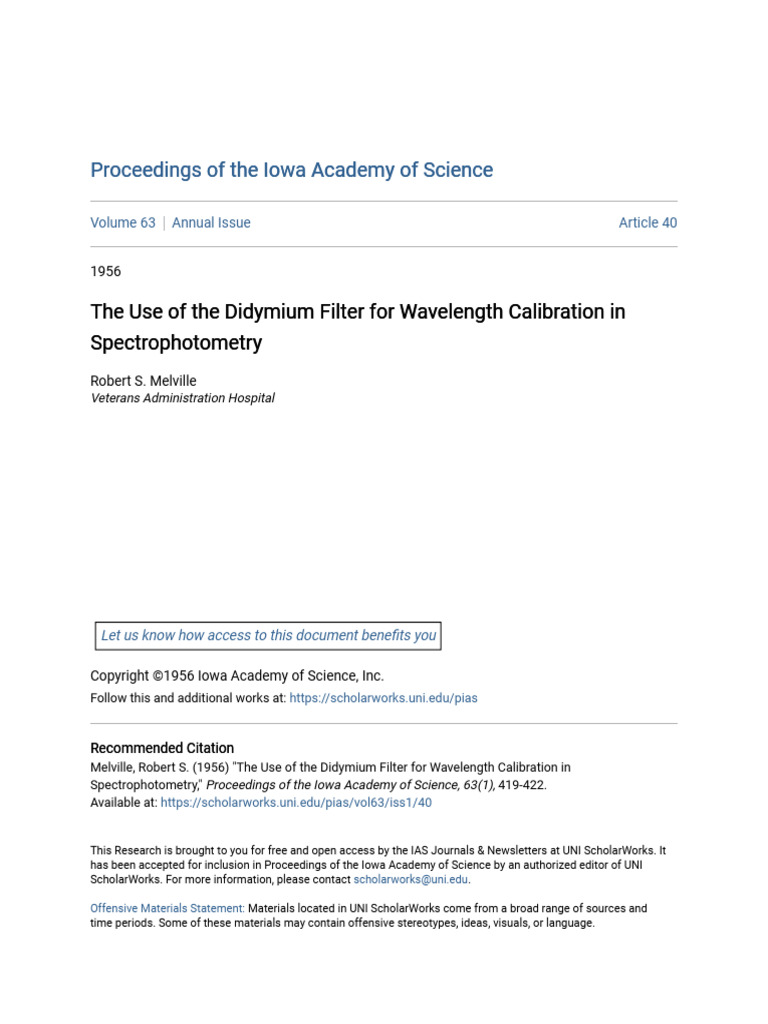 The Use of the Didymium Filter for Wavelength Calibration in Spec | PDF ...
